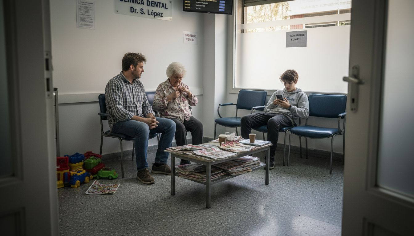 Una familia aguarda su turno en la sala de espera de una clínica dental del barrio.