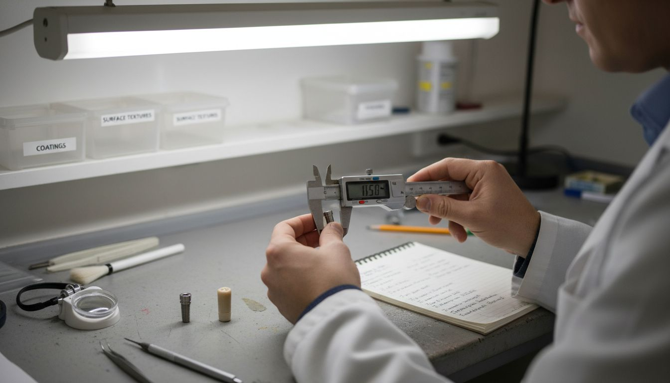 Technician comparing titanium and ceramic implant samples