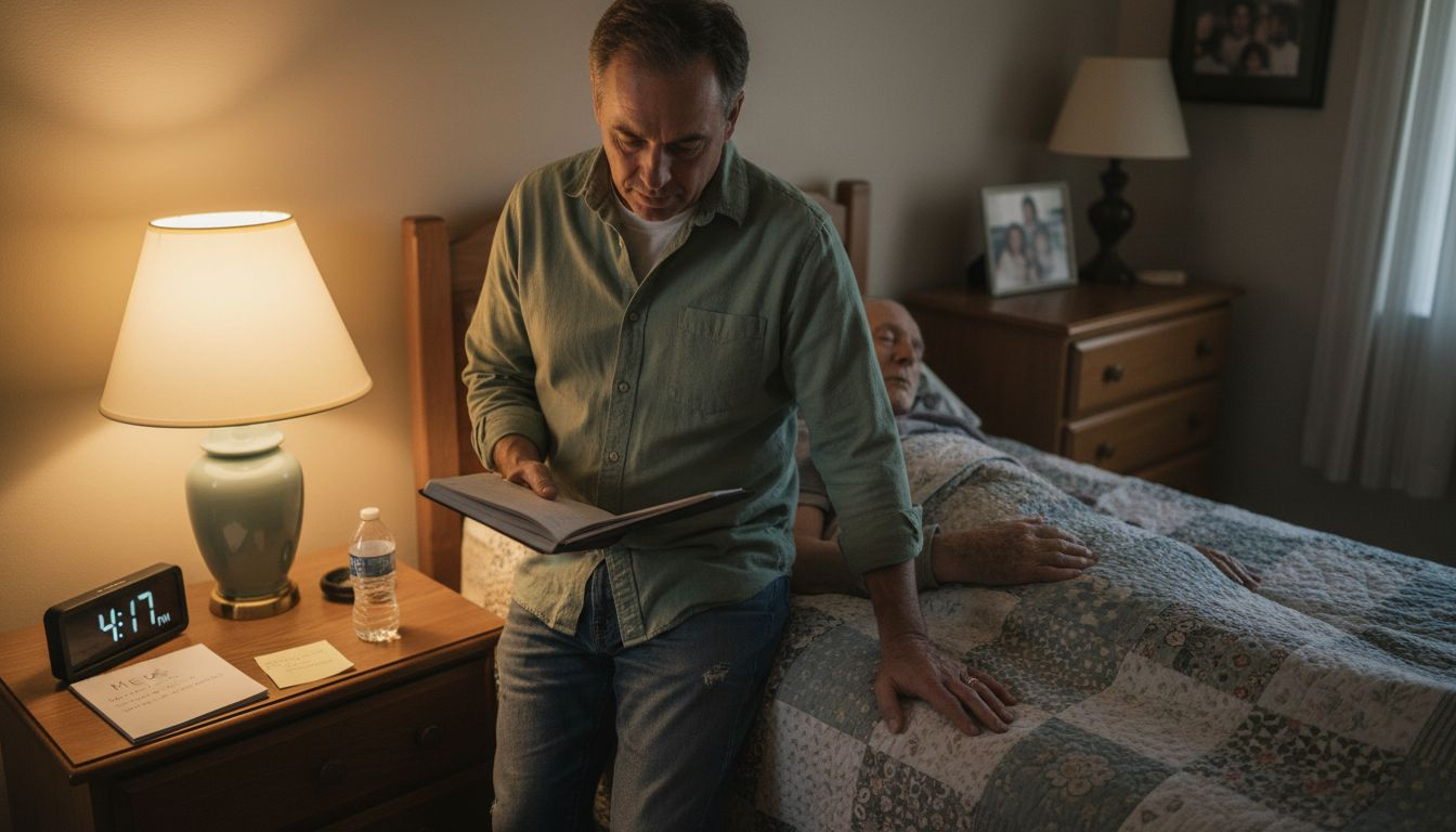 Caregiver comforts elderly patient in bedroom