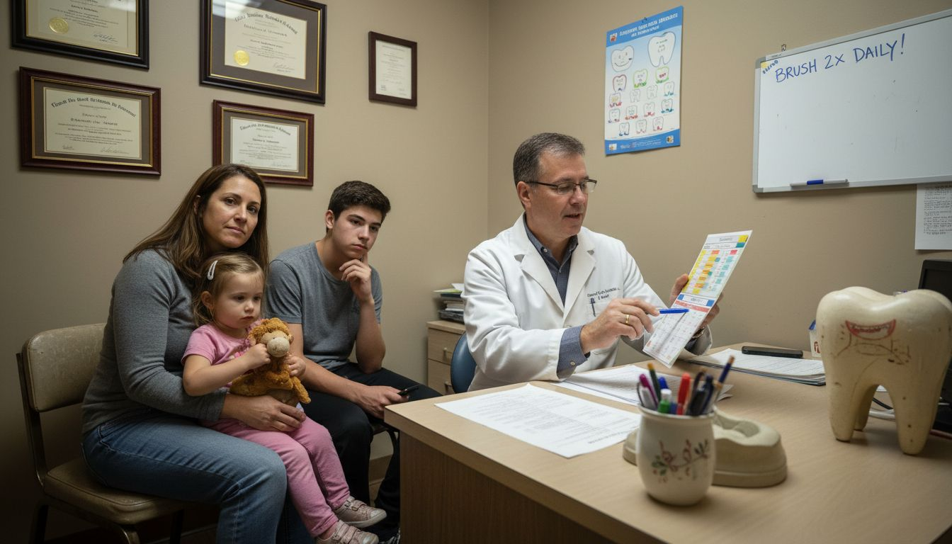 Family in dentist office for consultation