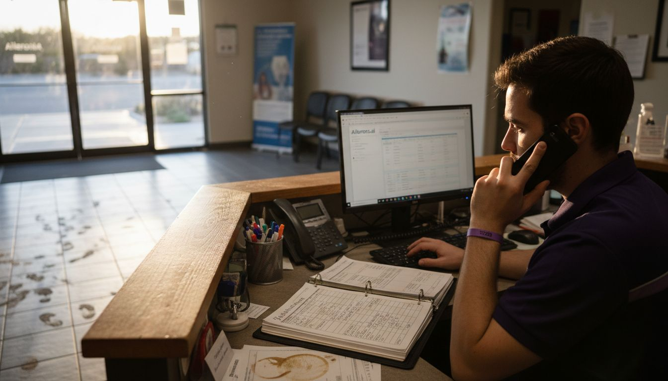 Receptionist multitasks at busy healthcare desk