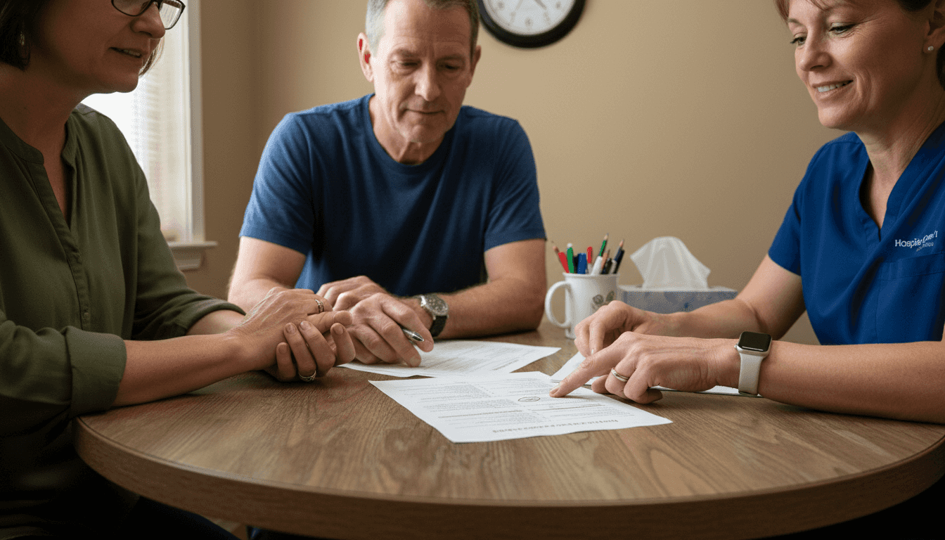Family meeting hospice provider at table