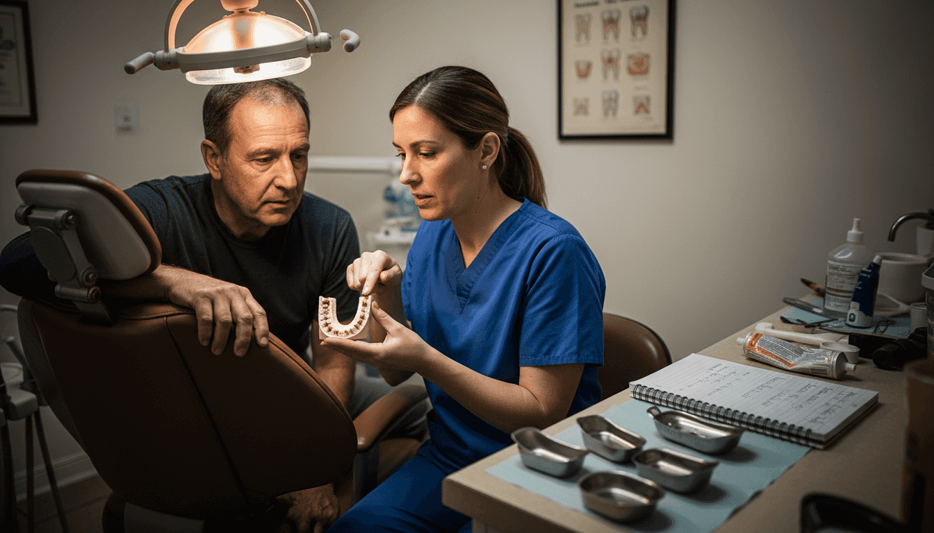 Dentist explains implant bite issues to patient