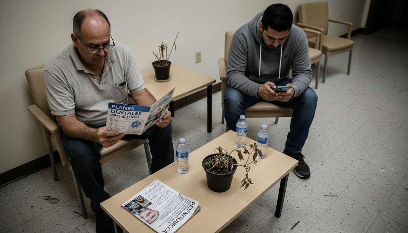 Personas esperando en la sala de espera mientras revisan y comparan opciones de seguros dentales.
