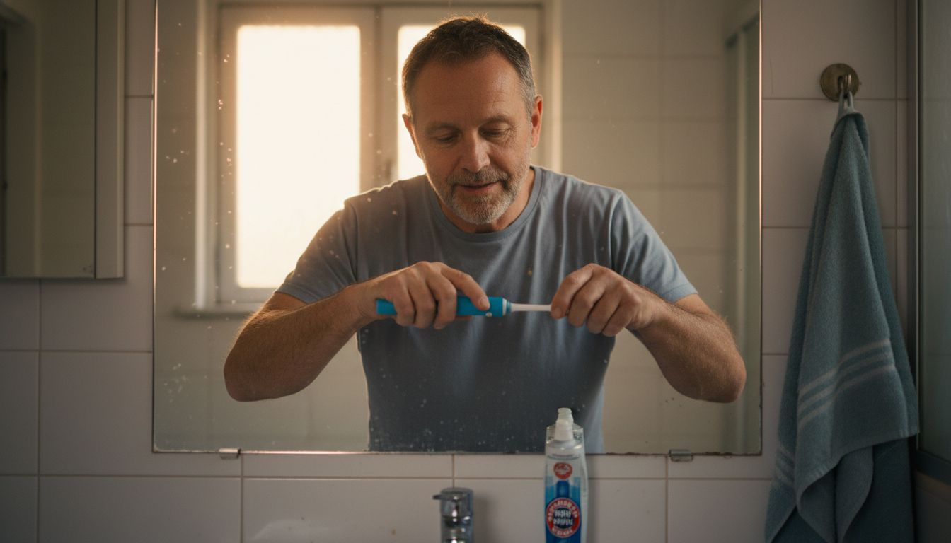 Man practicing post-implant oral hygiene