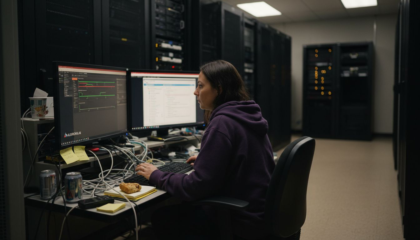 IT specialist reviewing data synchronization screens