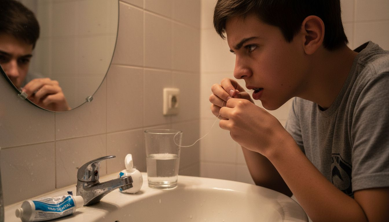 Chico practicando una buena higiene dental al usar hilo dental en el baño