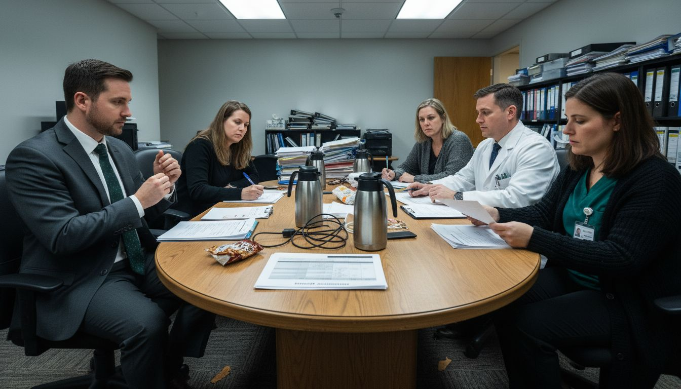 Hospice team discussing role assignments at table