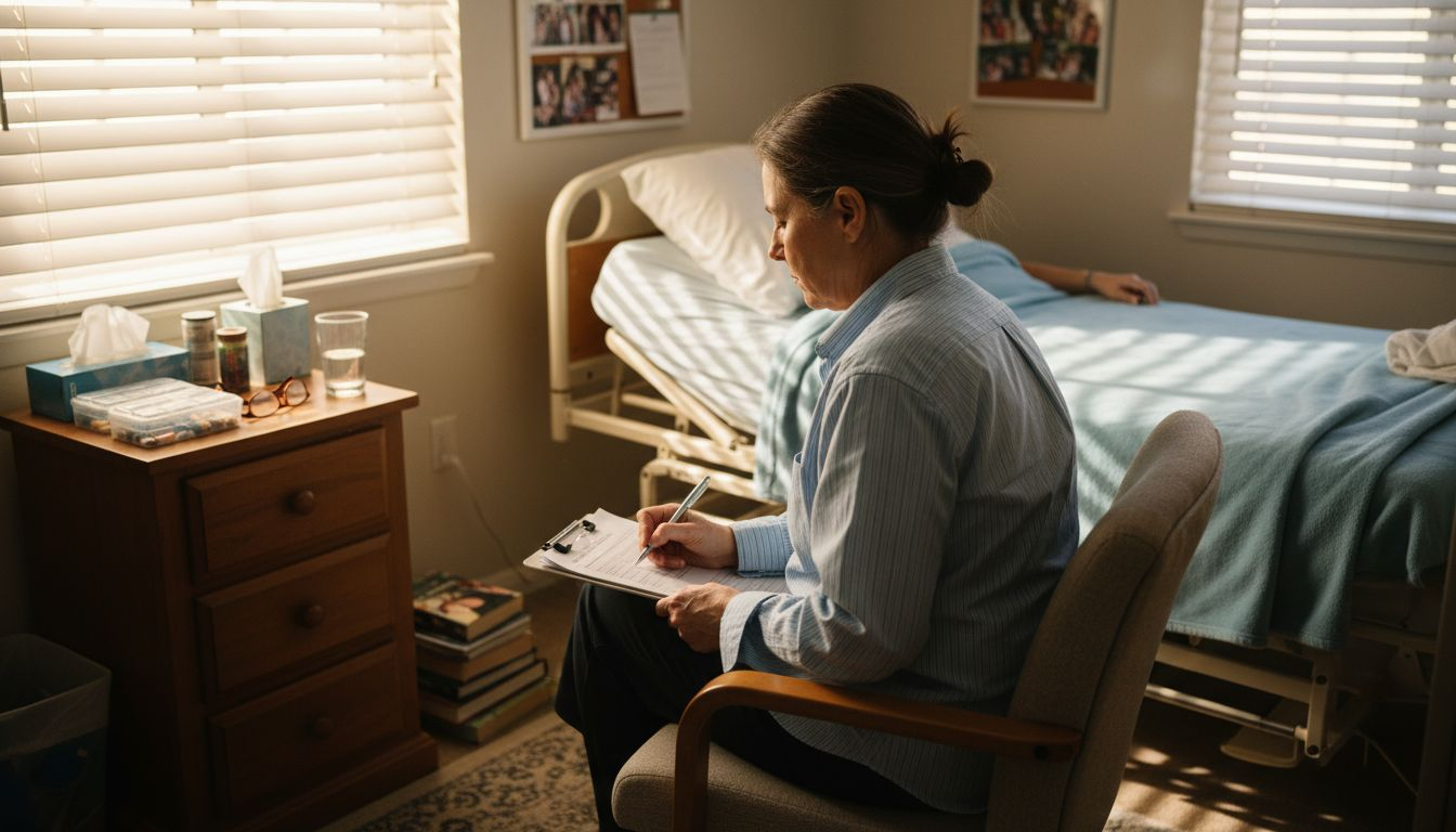 Hospice nurse documenting patient care at bedside
