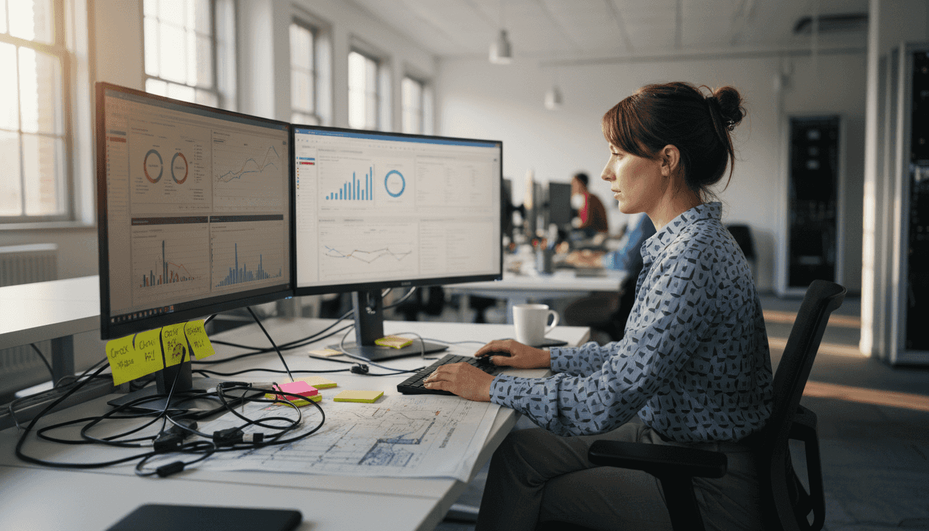 IT specialist checks integration dashboard workspace