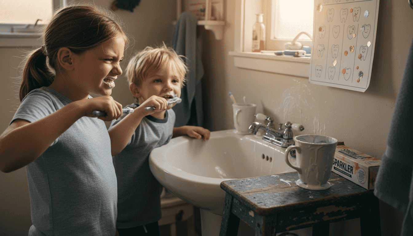 Children brushing teeth with brushing chart