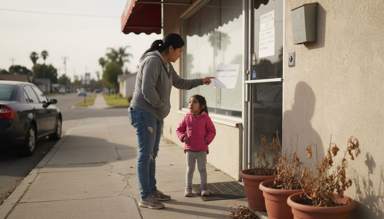 Una madre y su hija llegan juntas a la entrada de la clínica dental.