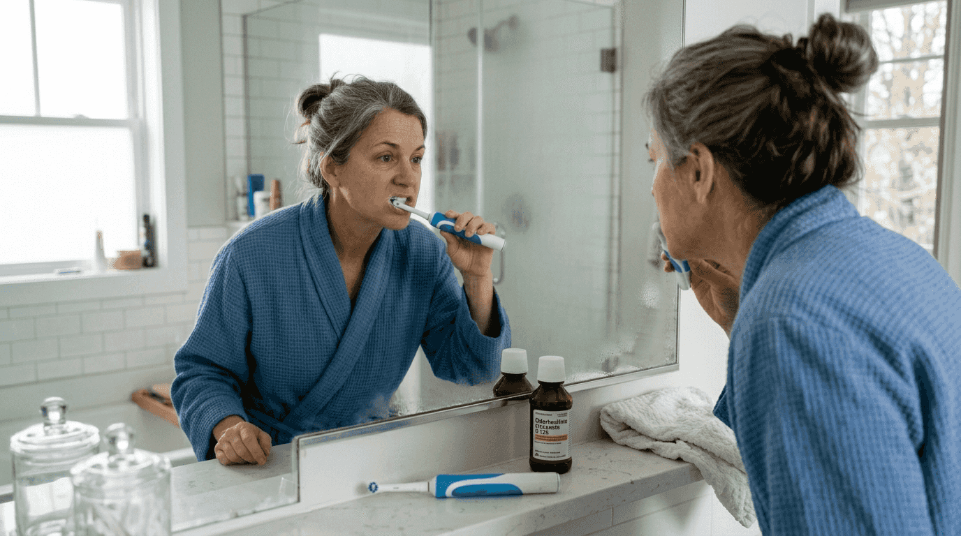 Woman gently brushes teeth after implant