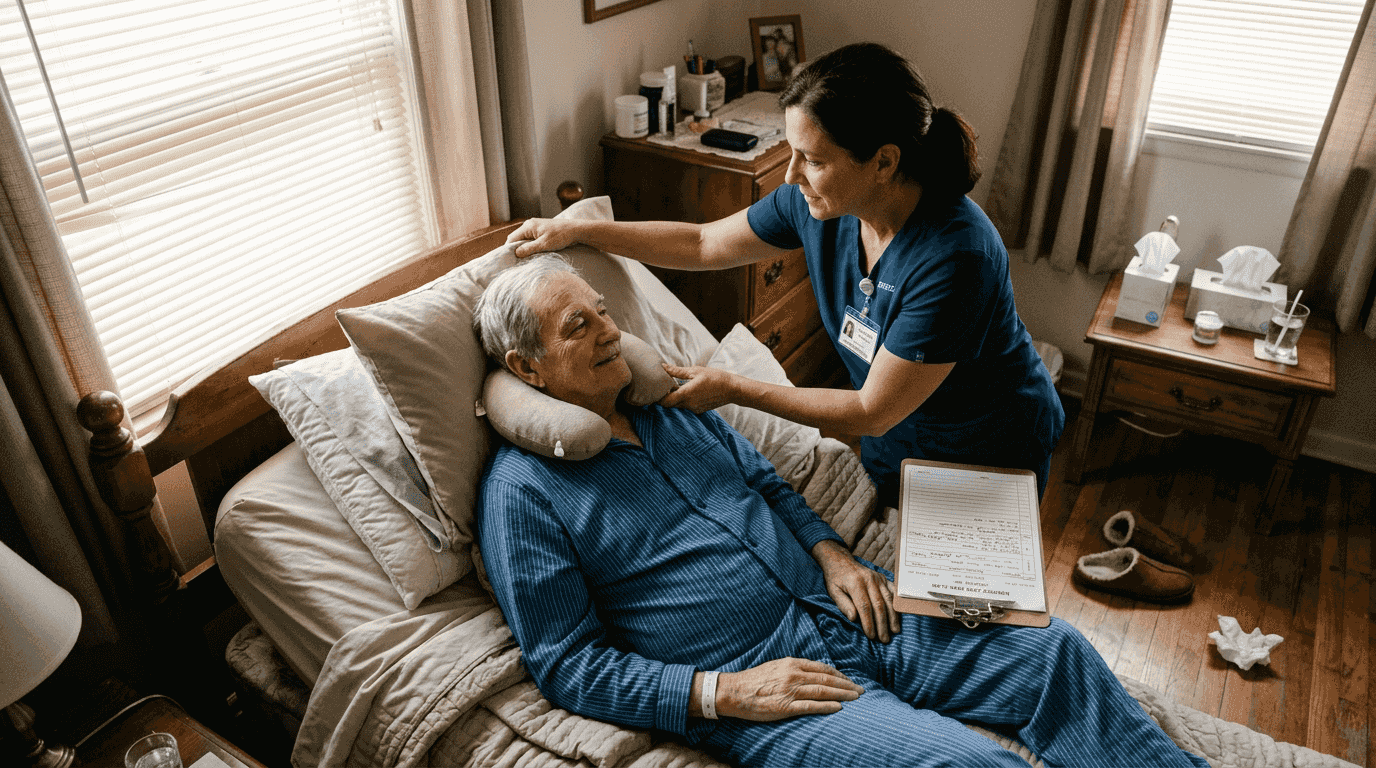 Hospice nurse manages symptoms in bedroom