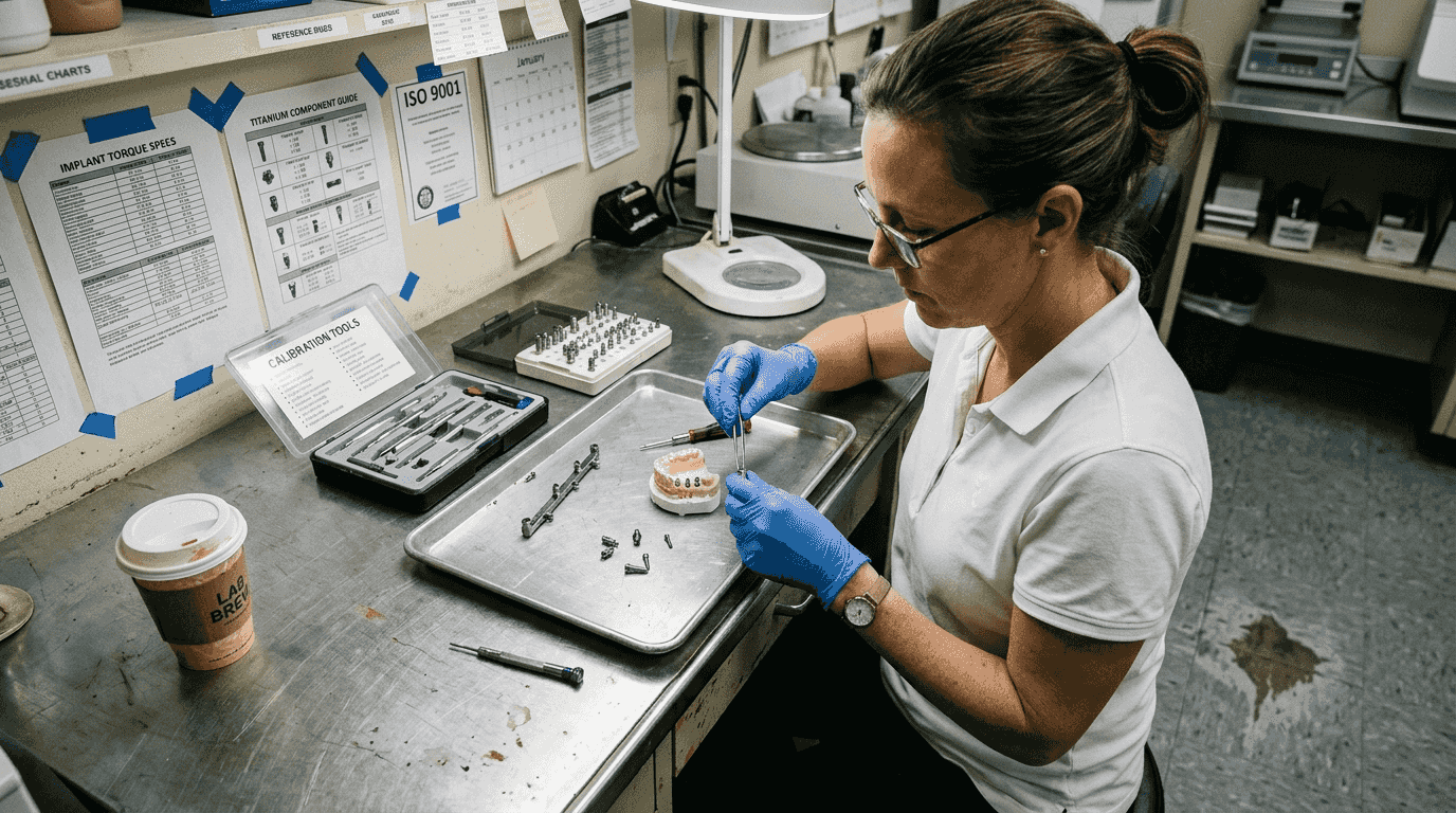 Technician examines titanium dental implant parts
