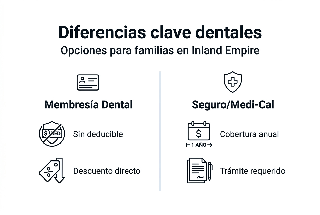 Infografía que muestra las diferencias entre un plan de membresía dental, un seguro dental y Medi-Cal