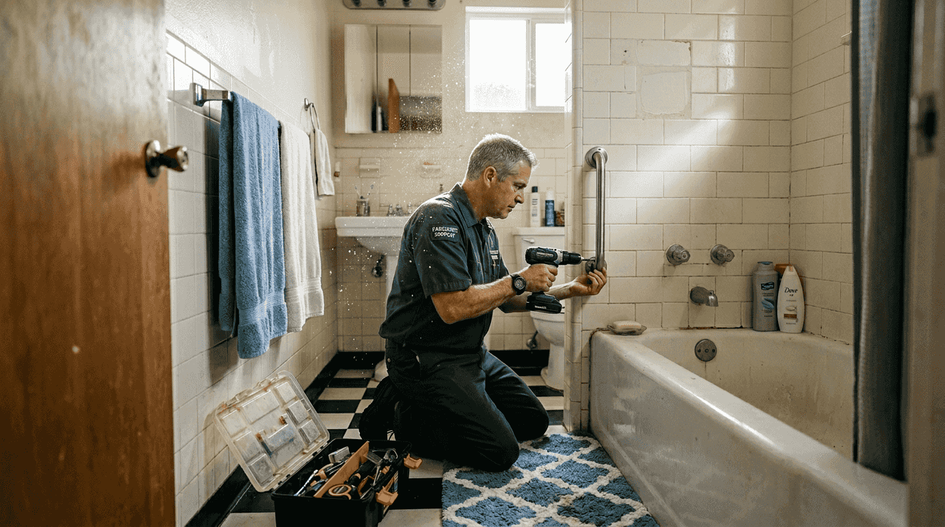 Caregiver installing bathroom grab bar