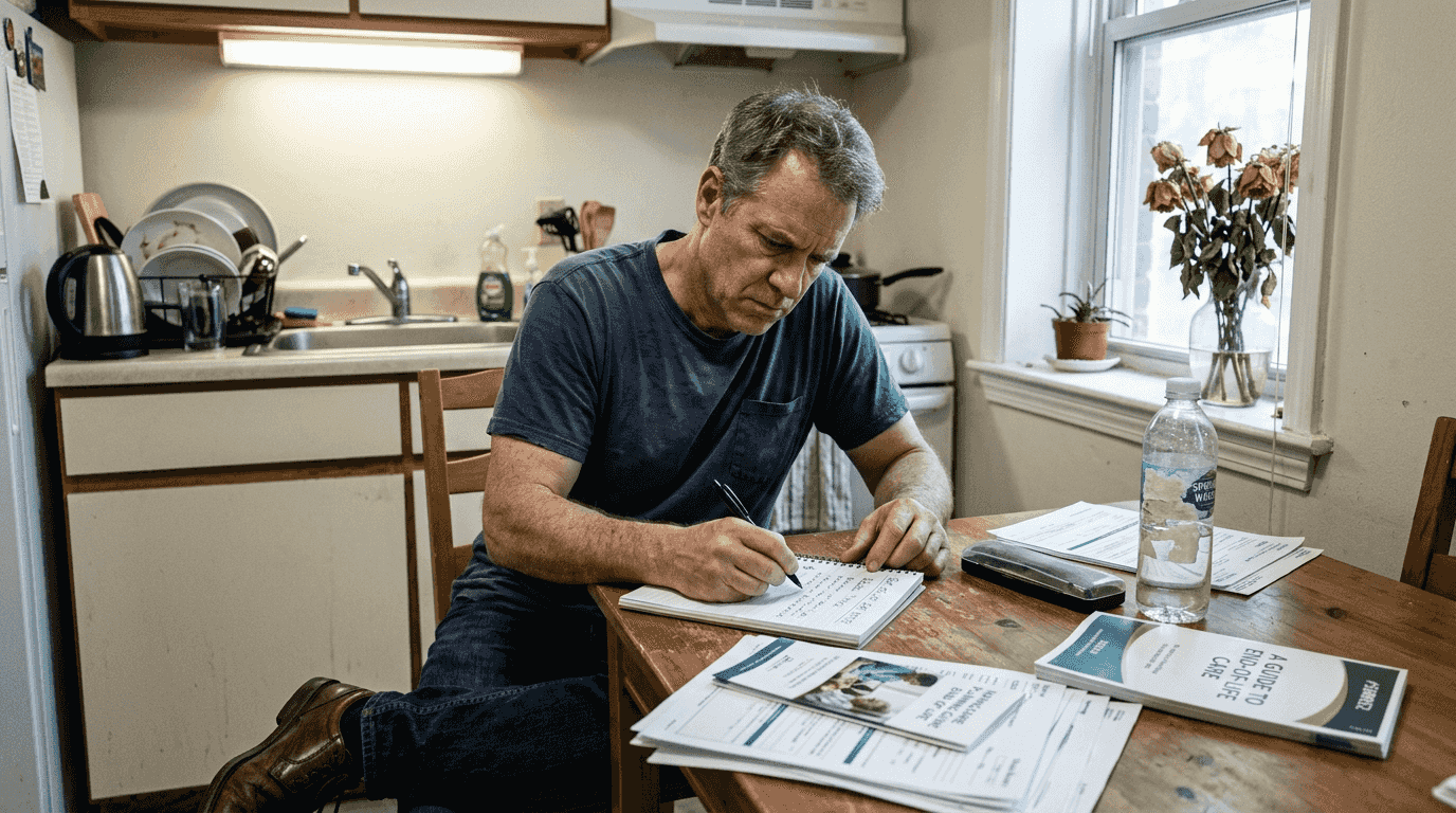 Caregiver planning end-of-life care at kitchen table