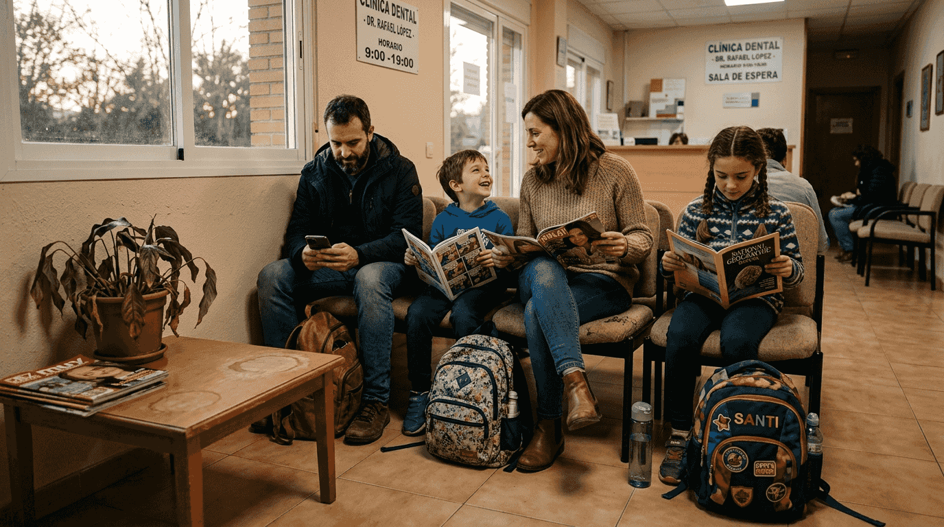 Una familia aguarda su turno para la revisión dental en la clínica.