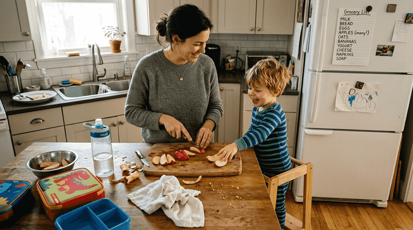 Mother and child preparing healthy snacks together