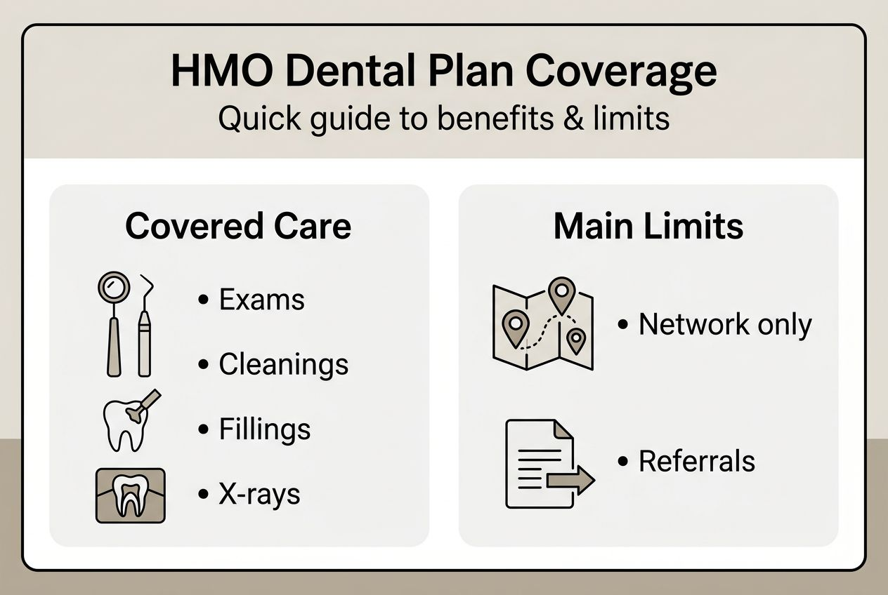Infographic summarizing HMO dental coverage vs limitations
