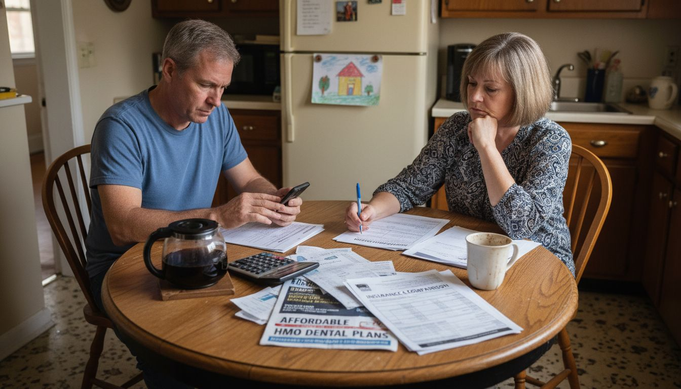 Couple comparing dental insurance bills in kitchen