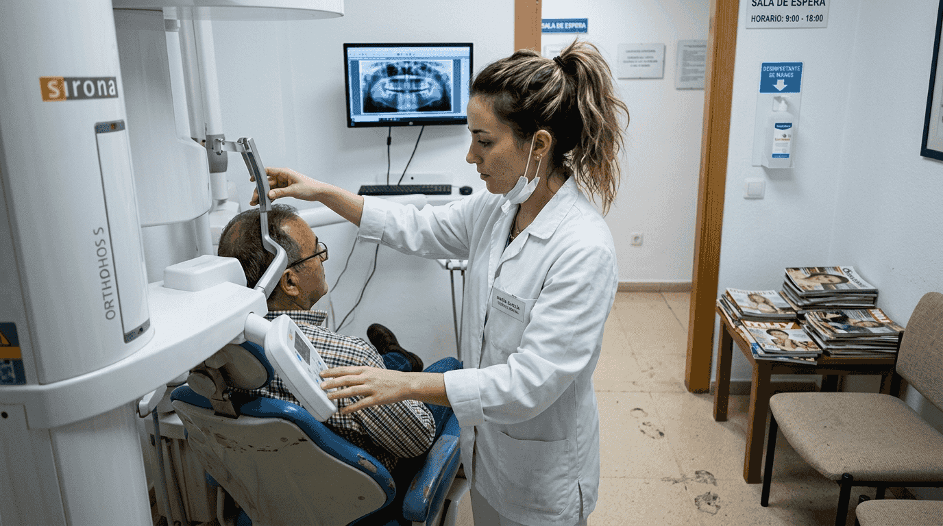Especialista manipulando un equipo avanzado de radiografía dental