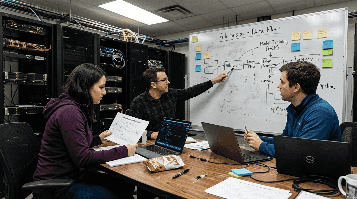 Team discussing agentic AI architecture printouts