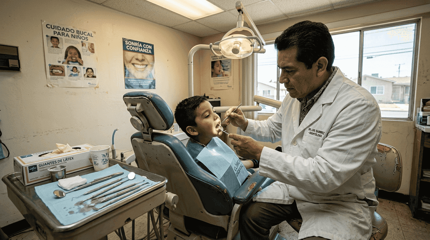 Un odontólogo revisa la boca de un niño durante una cita en el consultorio.