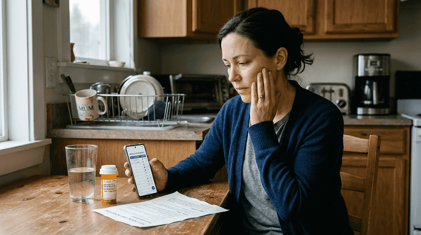 Woman checks medication home root canal recovery