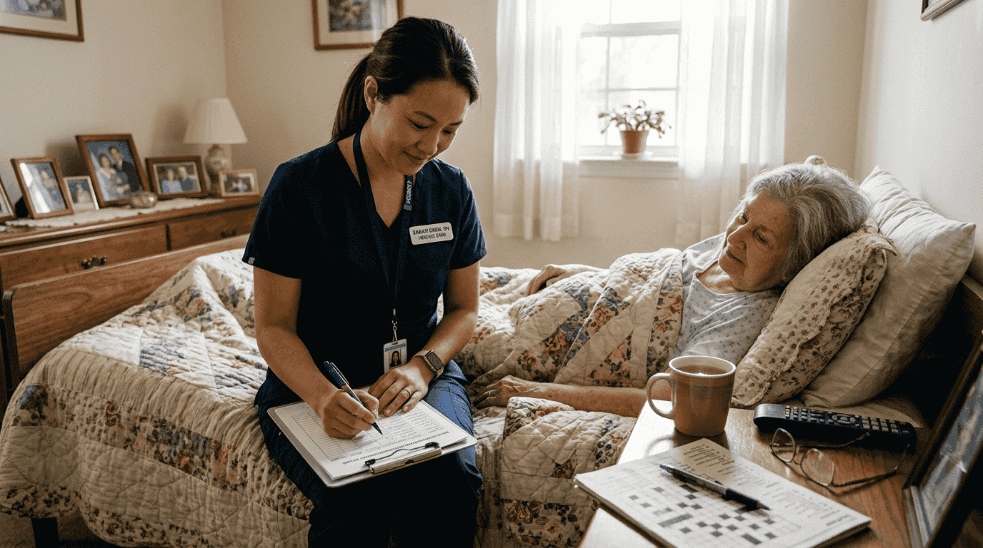 Hospice nurse assisting patient with chart