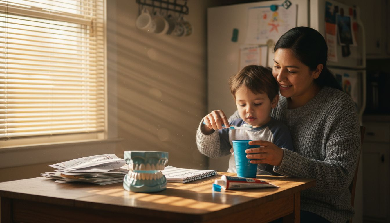 Mother helping son with tooth brushing at kitchen table