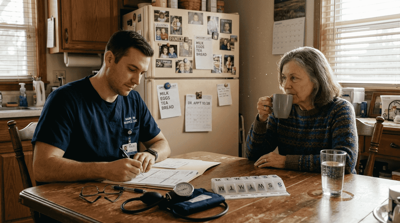 Hospice nurse documenting visit in patient home