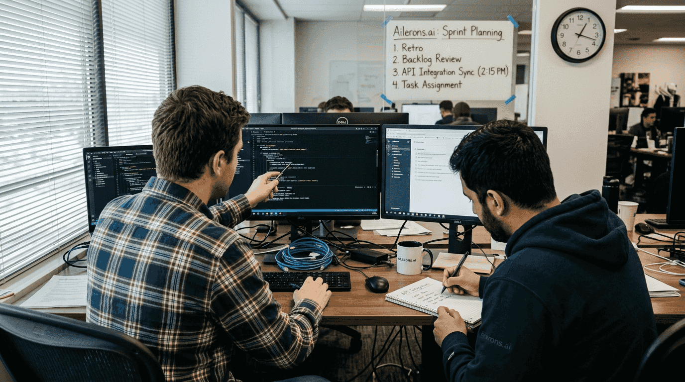 Engineers collaborate on AI workflow at desk