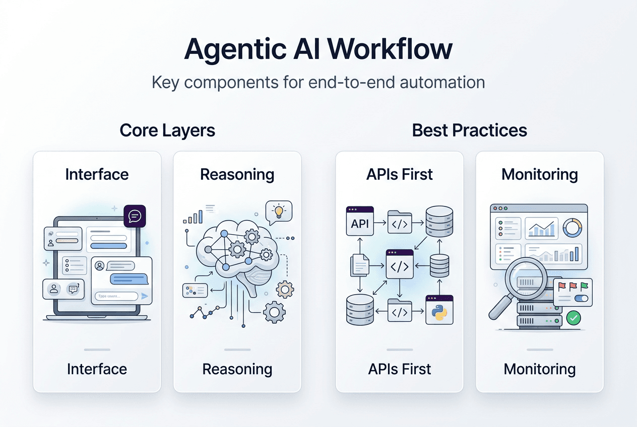 Infographic diagram of agentic AI workflow layers and practices