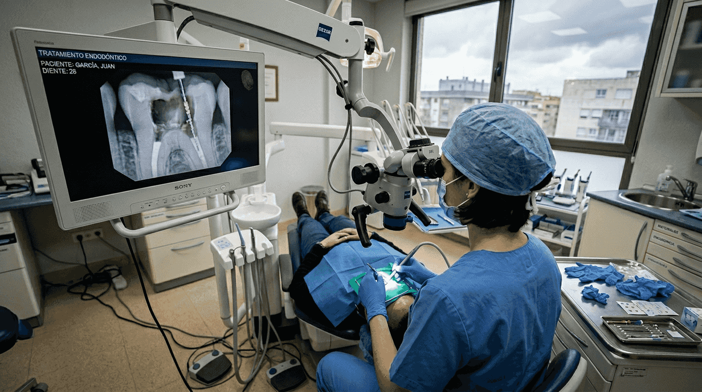 El especialista en endodoncia realiza su trabajo con la ayuda de un microscopio operatorio para lograr mayor precisión.
