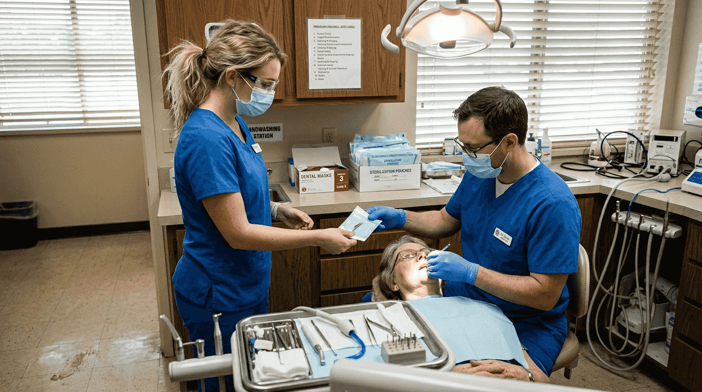 Dental assistant handing tool during root canal