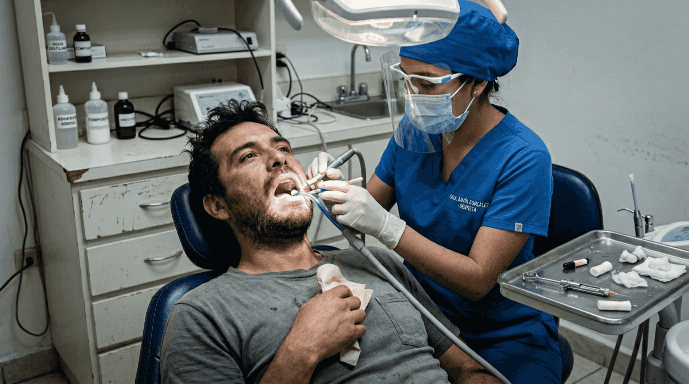 El dentista realiza un empaste dental a un paciente adulto.