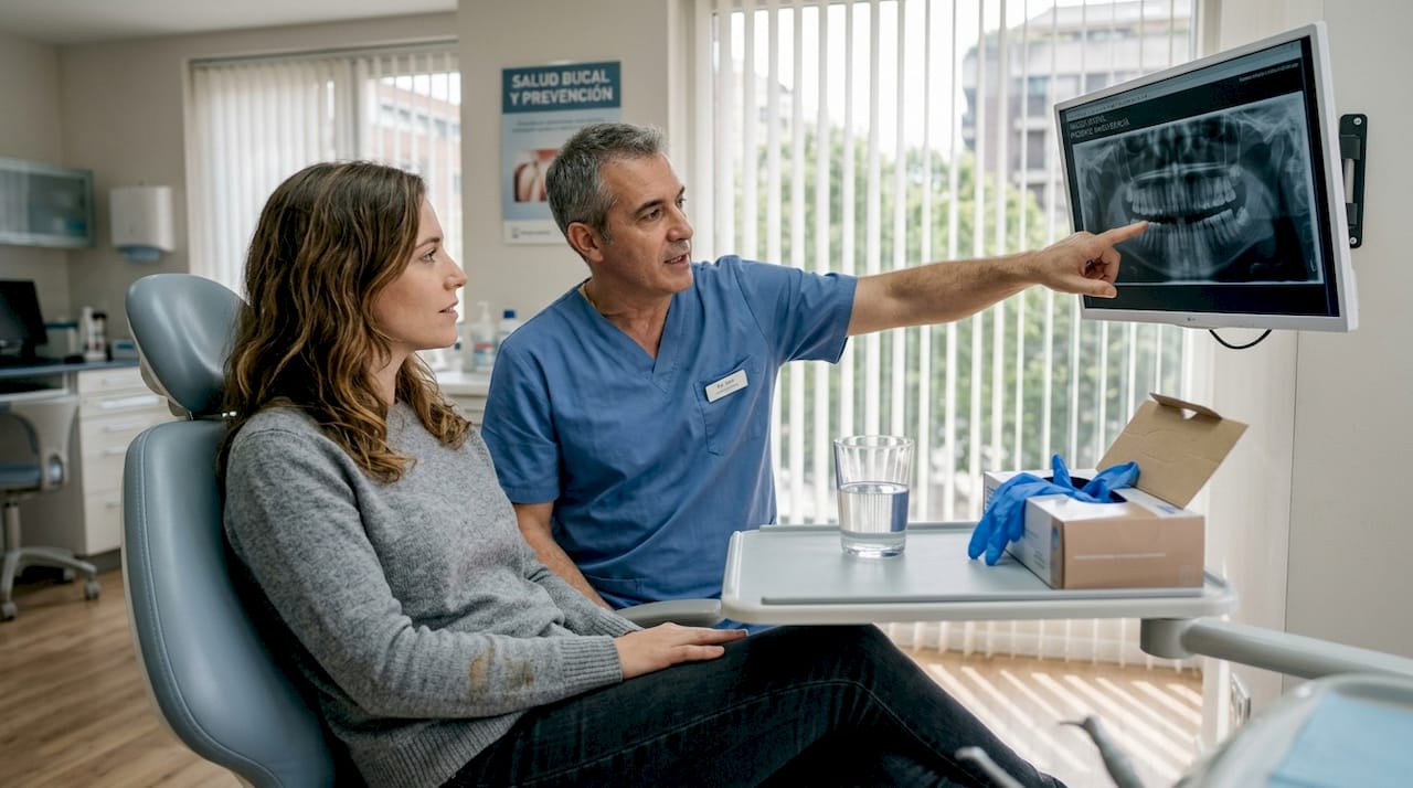 El dentista muestra y explica al paciente los resultados de la radiografía dental.