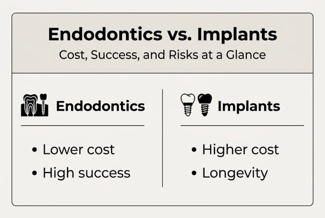 Infographic contrasts endodontics and implants key points
