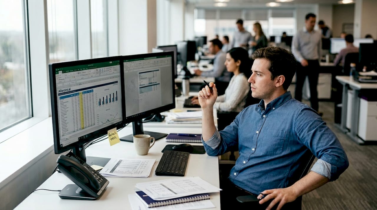 Analyst reviewing automation results on computer monitors