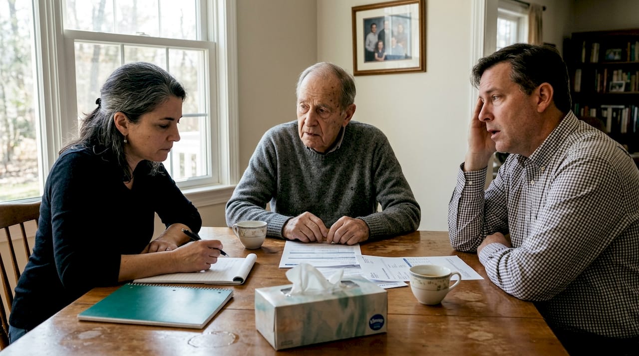 Family discussing hospice care decisions at table
