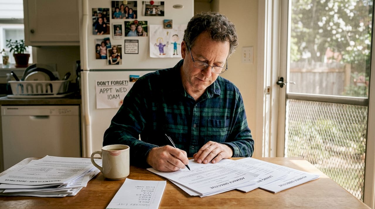 Man preparing hospice paperwork at kitchen table