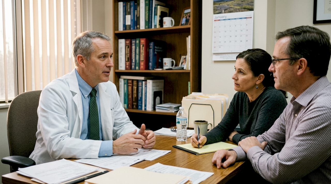 Doctor discussing care plan with couple in office