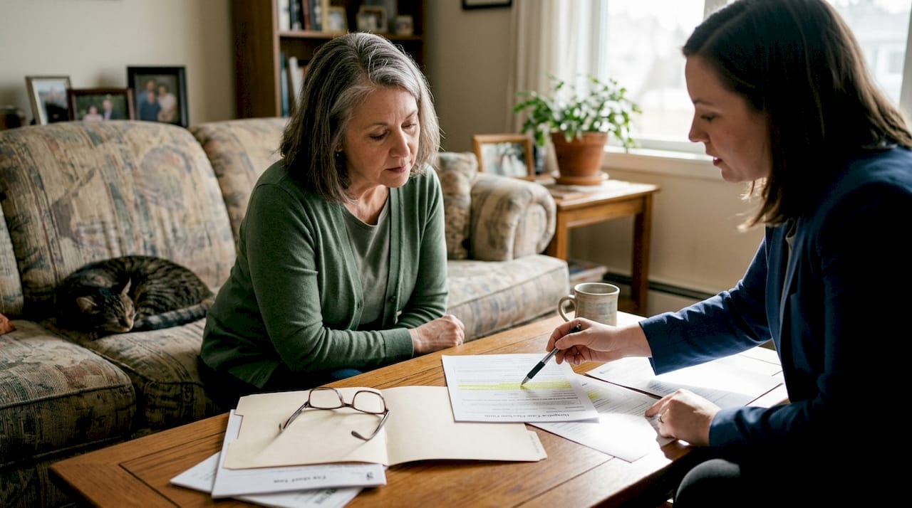 Consultation reviewing hospice paperwork at home