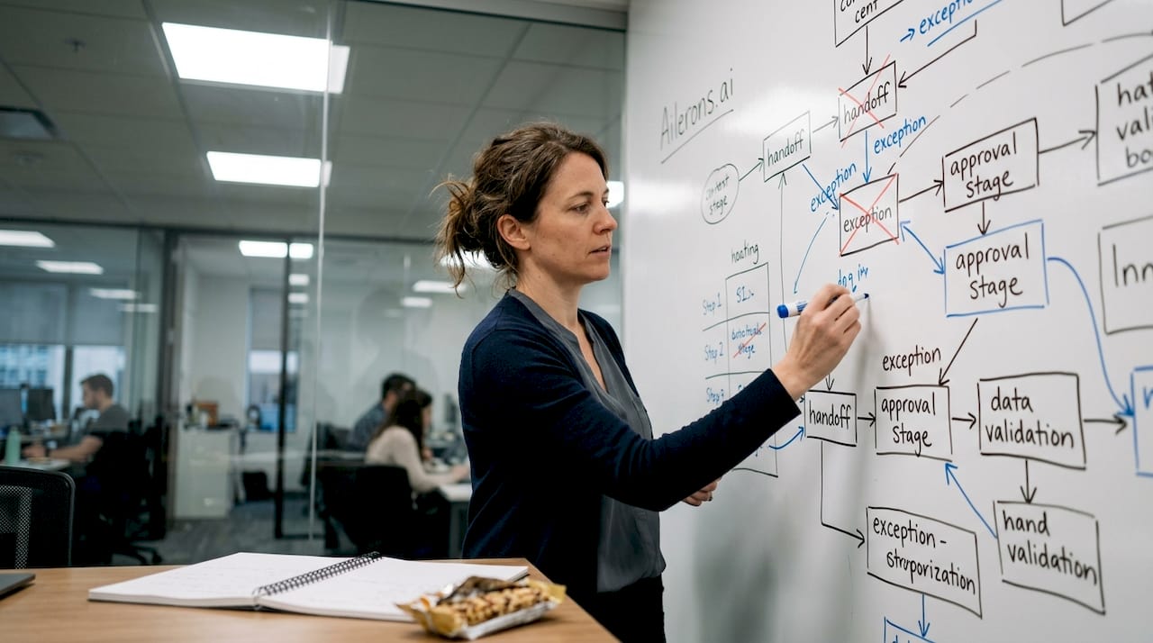Analyst drawing workflow steps on whiteboard