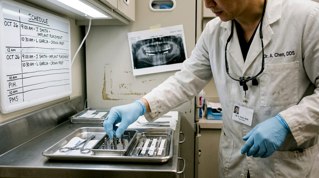 Dentist handling dental implant tools in clinic