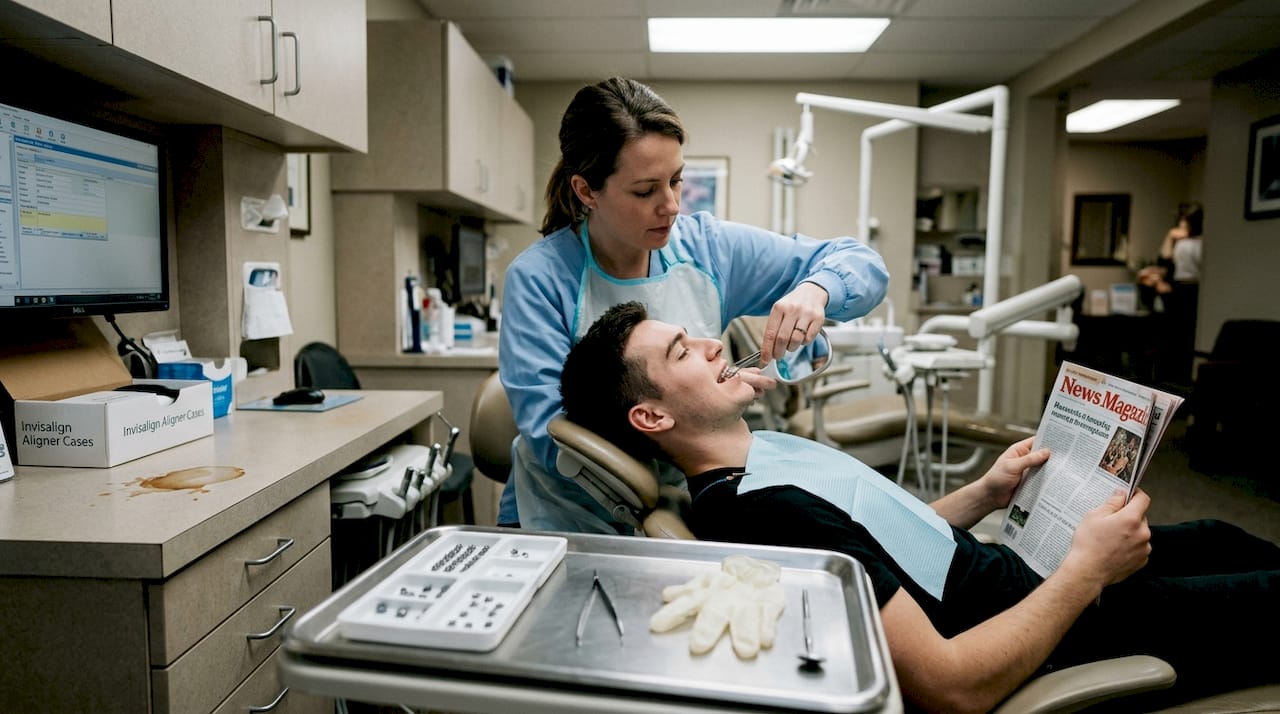 Dental assistant adjusting metal braces on patient