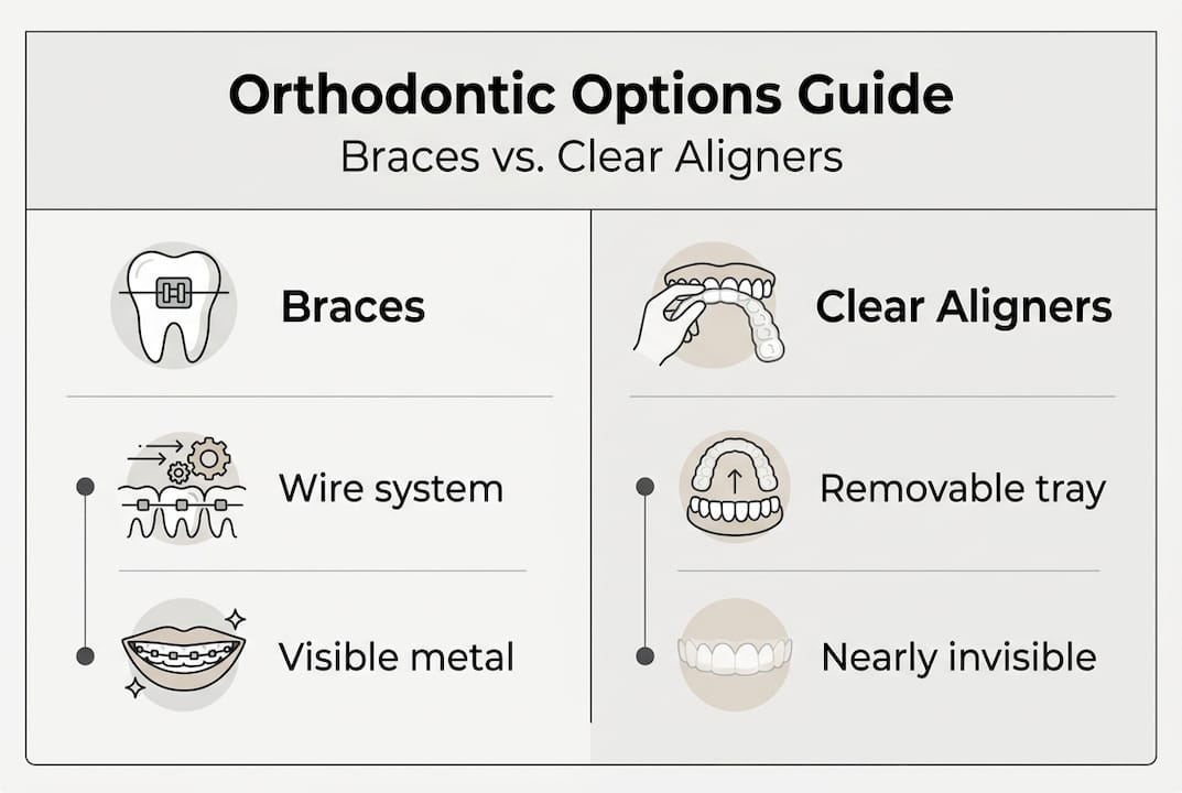 Infographic contrasting braces and clear aligners