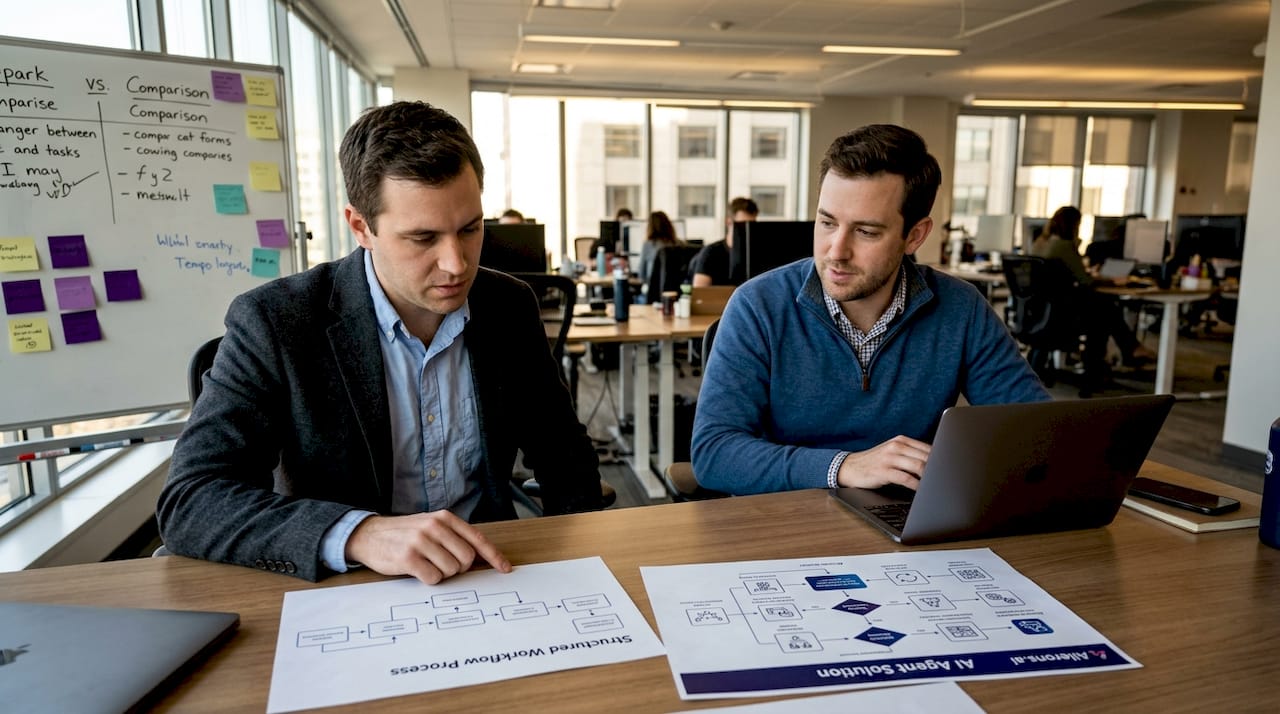 Coworkers analyzing automation workflow types